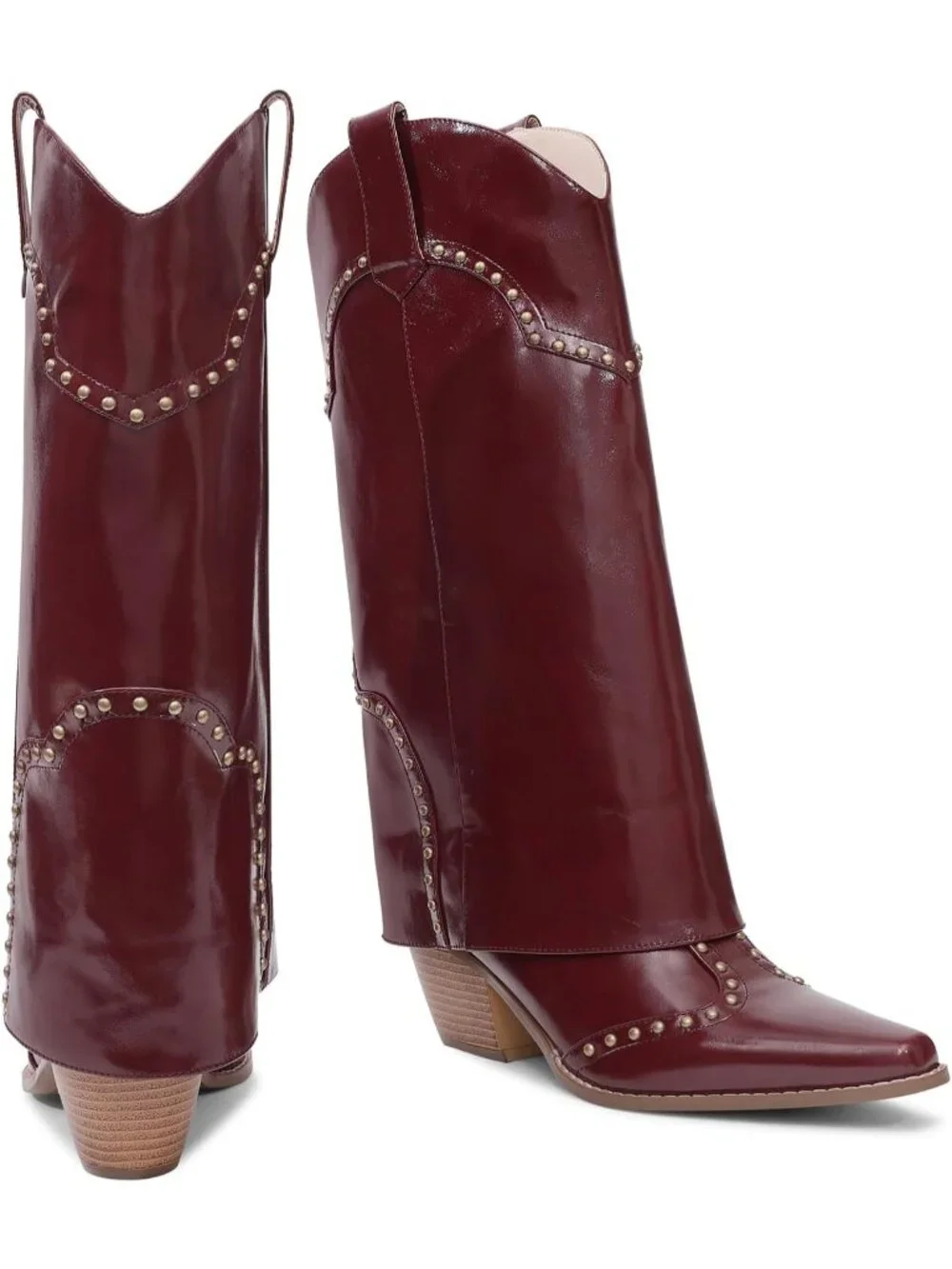 Women's Burgundy Faux Leather Over Boot Knee High Chunky Heel  Cowgirl Boot